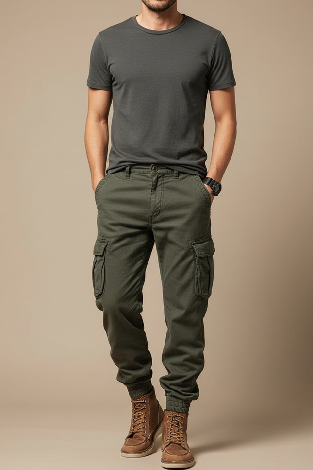 Pantalon Cargo Vert Militaire Slim Multipoches Homme - Kaki Toile