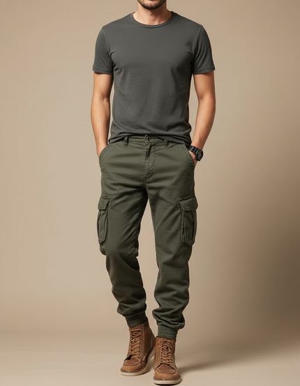 Pantalon Cargo Vert Militaire Slim Multipoches Homme - Kaki Toile