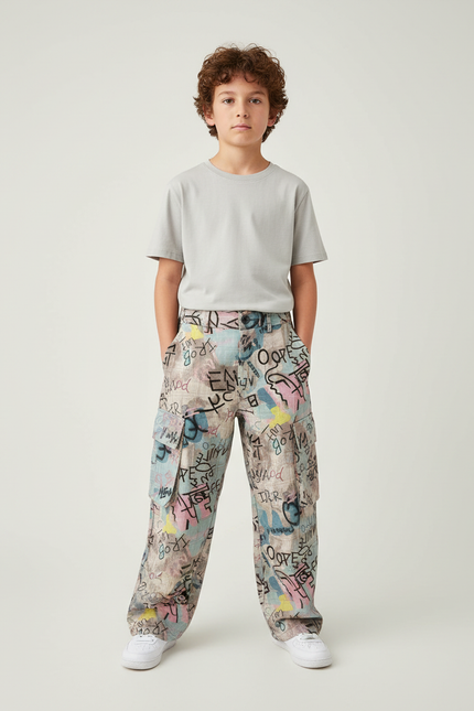 Pantalon Cargo Graffiti Ample Décontracté Garçon - Multicolore Toile