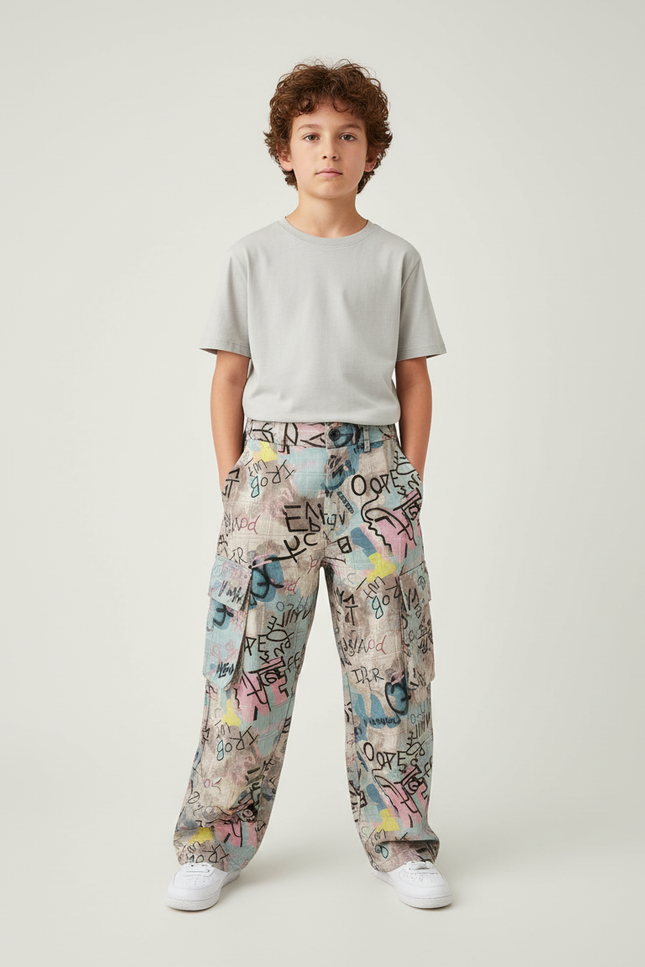 Pantalon Cargo Graffiti Ample Décontracté Garçon - Multicolore Toile