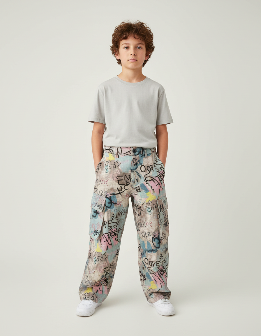 Pantalon Cargo Graffiti Ample Décontracté Garçon - Multicolore Toile