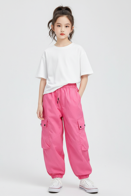 Pantalon Cargo Rose Ample Poches Fille - Polyester