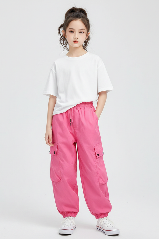 Pantalon Cargo Rose Ample Poches Fille - Polyester