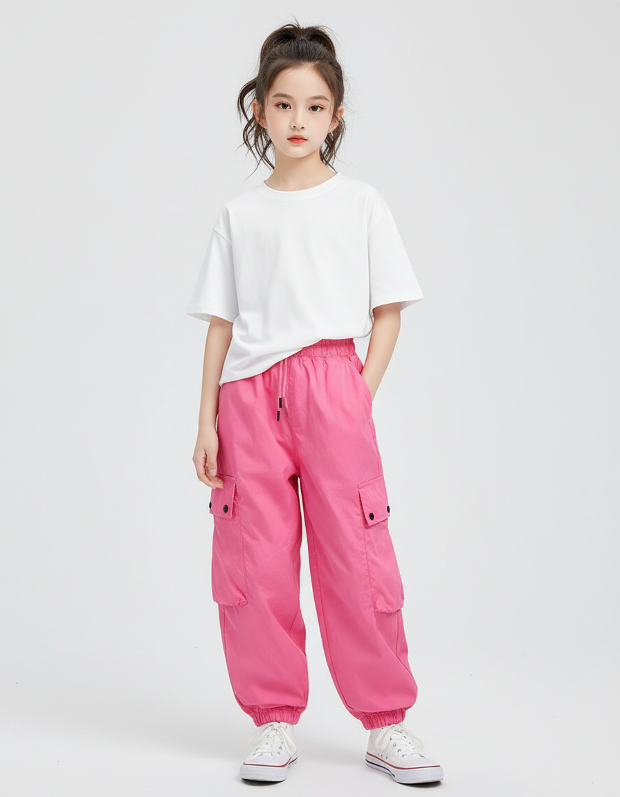 Pantalon Cargo Rose Ample Poches Fille - Polyester