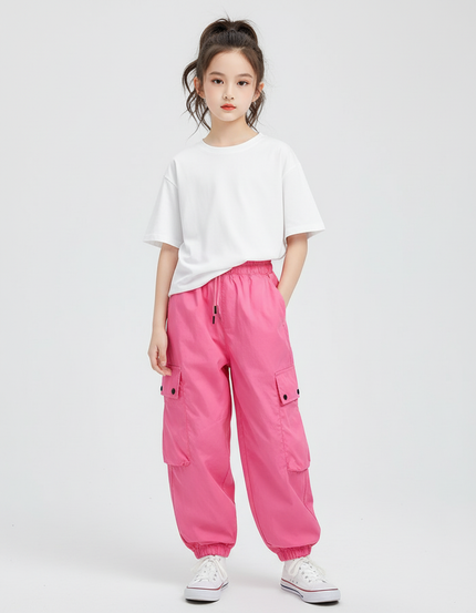 Pantalon Cargo Rose Ample Poches Fille - Polyester