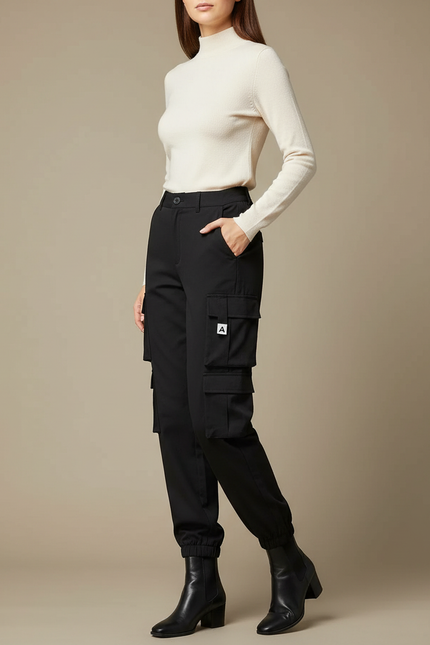 Pantalon Cargo Noir Femme Multipoches Ajusté Élastique - Polyester