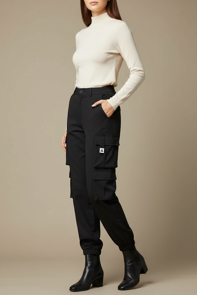 Pantalon Cargo Noir Femme Multipoches Ajusté Élastique - Polyester