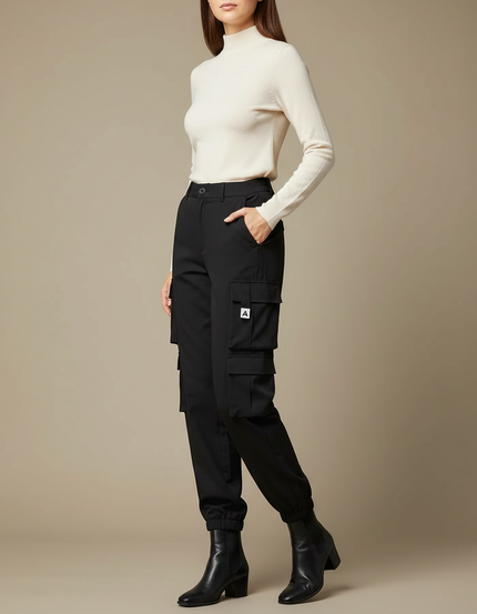 Pantalon Cargo Noir Femme Multipoches Ajusté Élastique - Polyester
