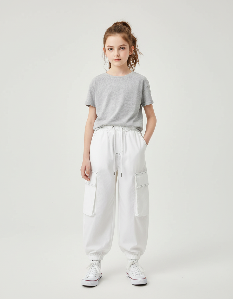 Pantalon Cargo Blanc Ample Poches Coton Fille