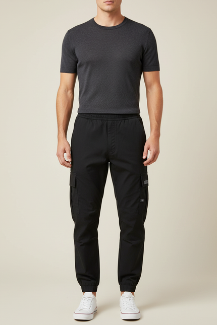 Pantalon Cargo Noir Homme Coton Multipoches Slim - Polyester