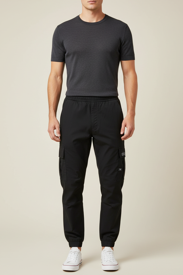 Pantalon Cargo Noir Homme Coton Multipoches Slim - Polyester