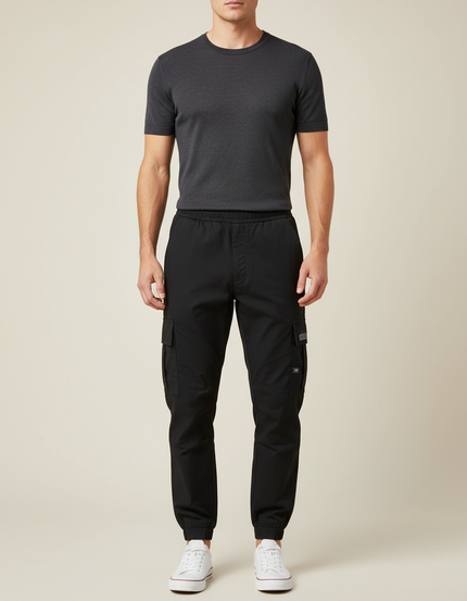 Pantalon Cargo Noir Homme Coton Multipoches Slim - Polyester