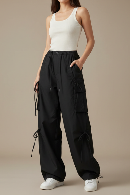 Pantalon Cargo Noir Fluide Cordon Streetwear Femme - Polyester