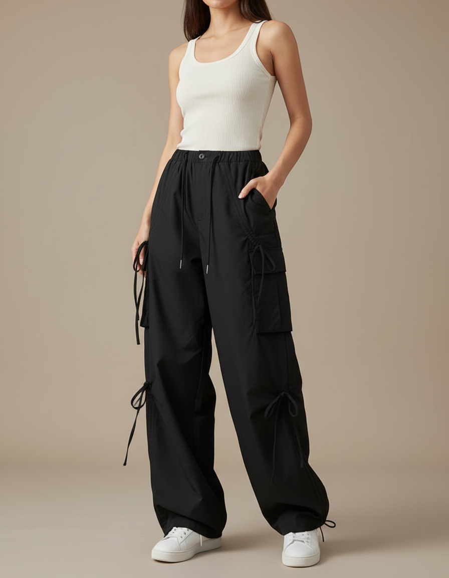 Pantalon Cargo Noir Fluide Cordon Streetwear Femme - Polyester