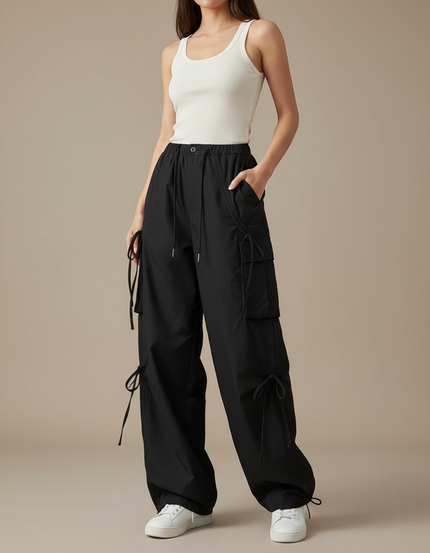 Pantalon Cargo Noir Fluide Cordon Streetwear Femme - Polyester