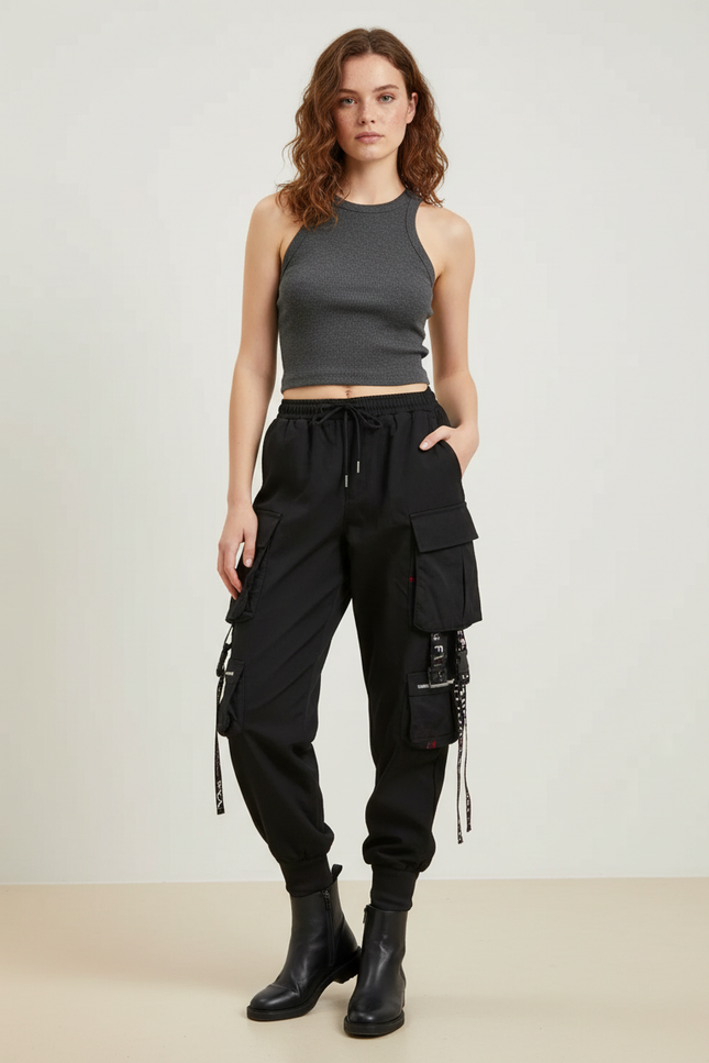 Pantalon Cargo Noir Fluide Multipoches Chaînes Femme - Polyester