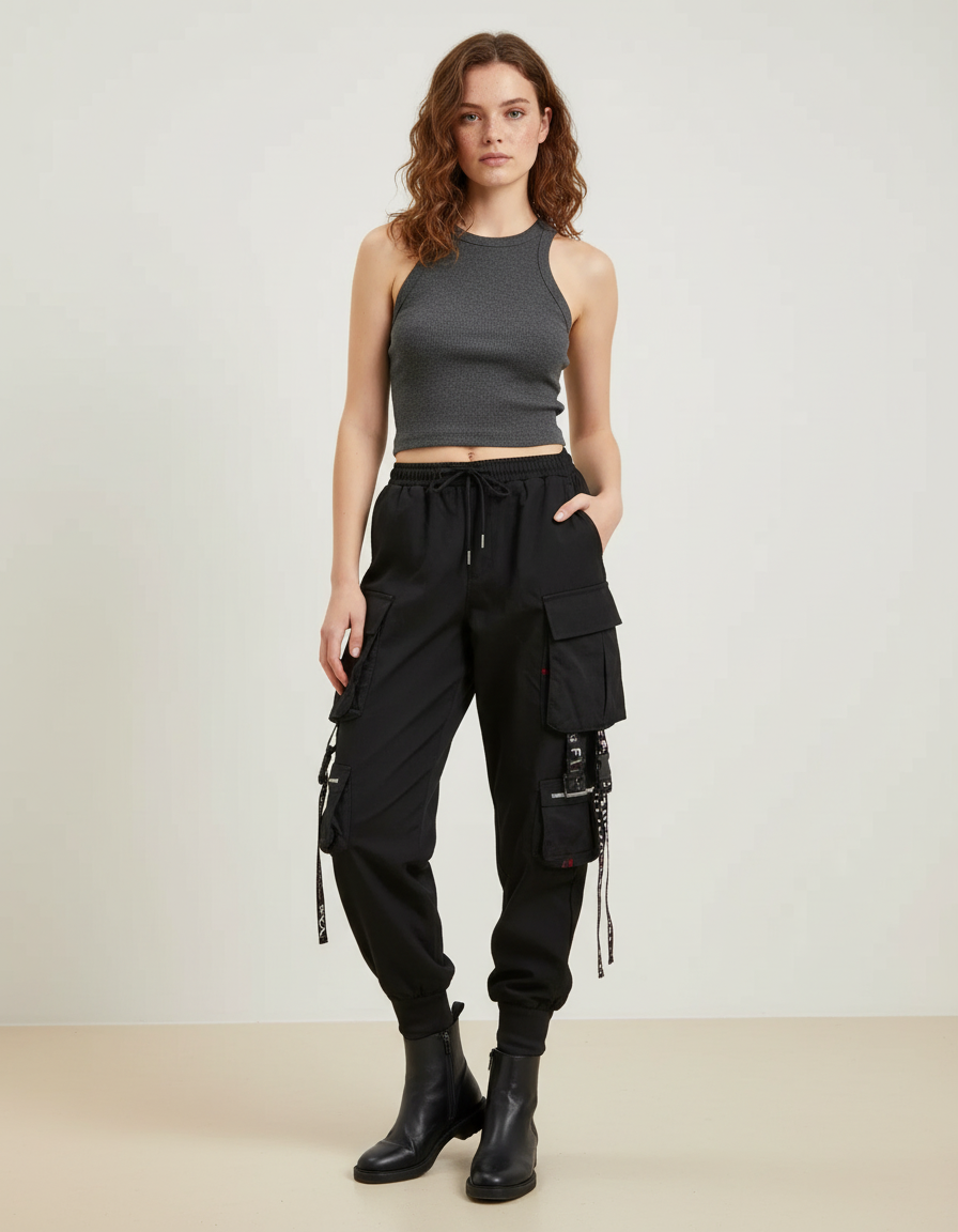 Pantalon Cargo Noir Fluide Multipoches Chaînes Femme - Polyester