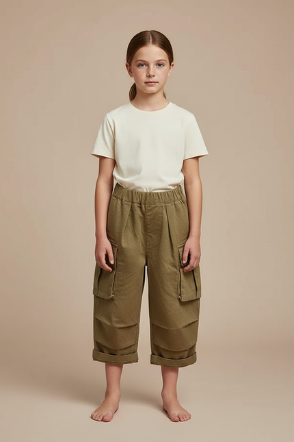 Pantalon Cargo Fille Vert Olive Large - Kaki Toile