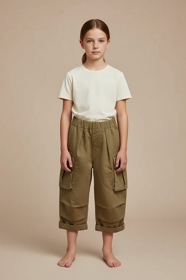 Pantalon Cargo Fille Vert Olive Large - Kaki Toile