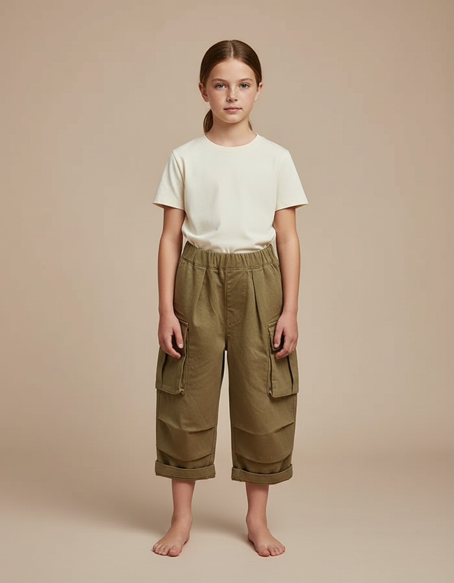 Pantalon Cargo Fille Vert Olive Large - Kaki Toile