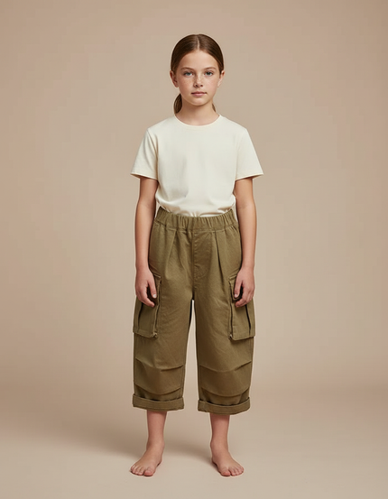 Pantalon Cargo Fille Vert Olive Large - Kaki Toile