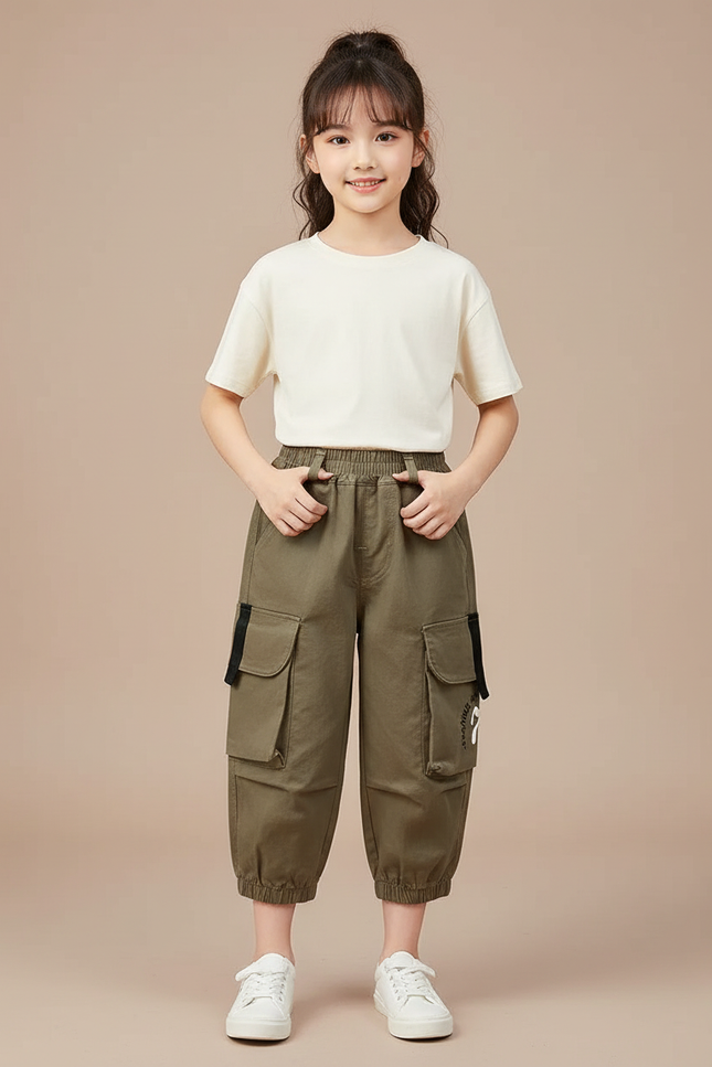 Pantalon Cargo Kaki Ample Enfant Multipoches Décontracté - Toile
