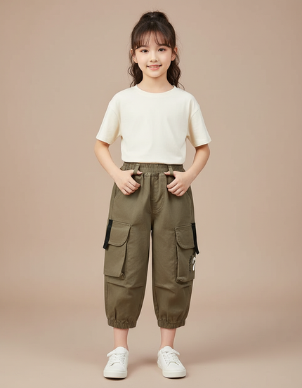 Pantalon Cargo Kaki Ample Enfant Multipoches Décontracté - Toile