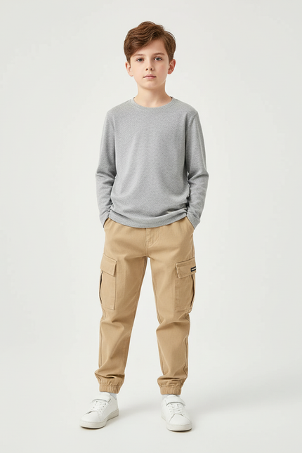 Pantalon Cargo Beige Ample Décontracté Enfant Garçon - Toile