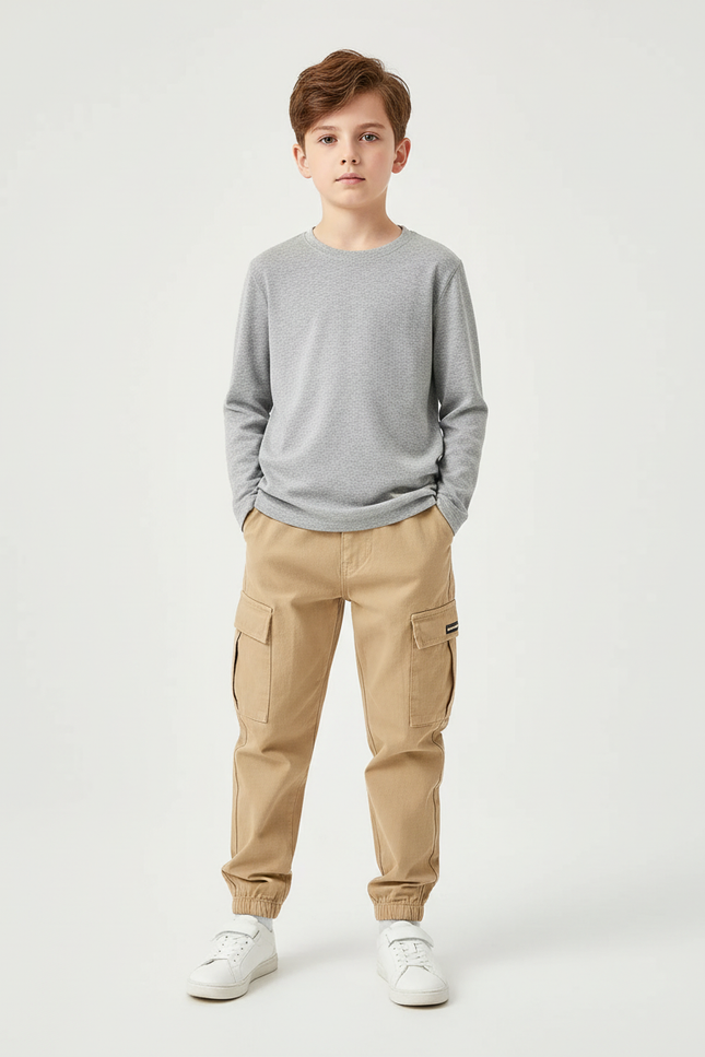 Pantalon Cargo Beige Ample Décontracté Enfant Garçon - Toile