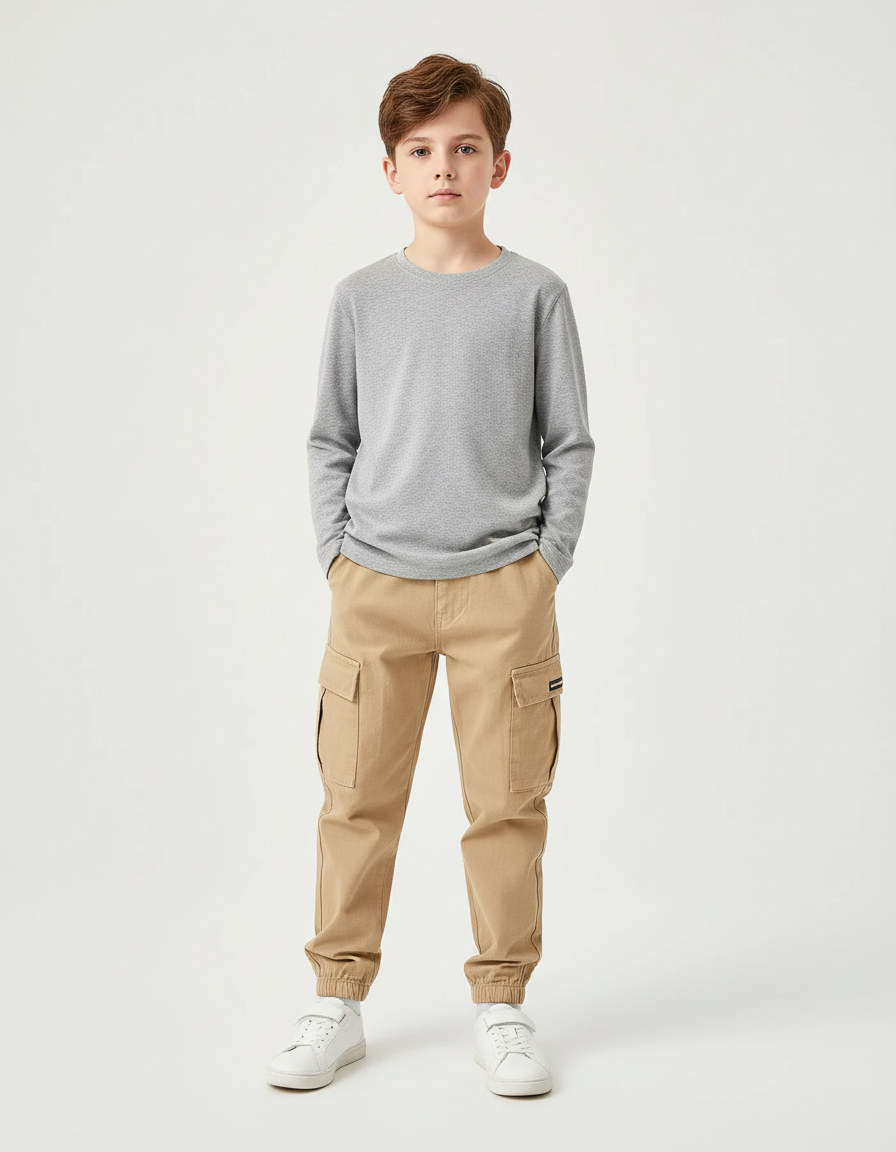 Pantalon Cargo Beige Ample Décontracté Enfant Garçon - Toile