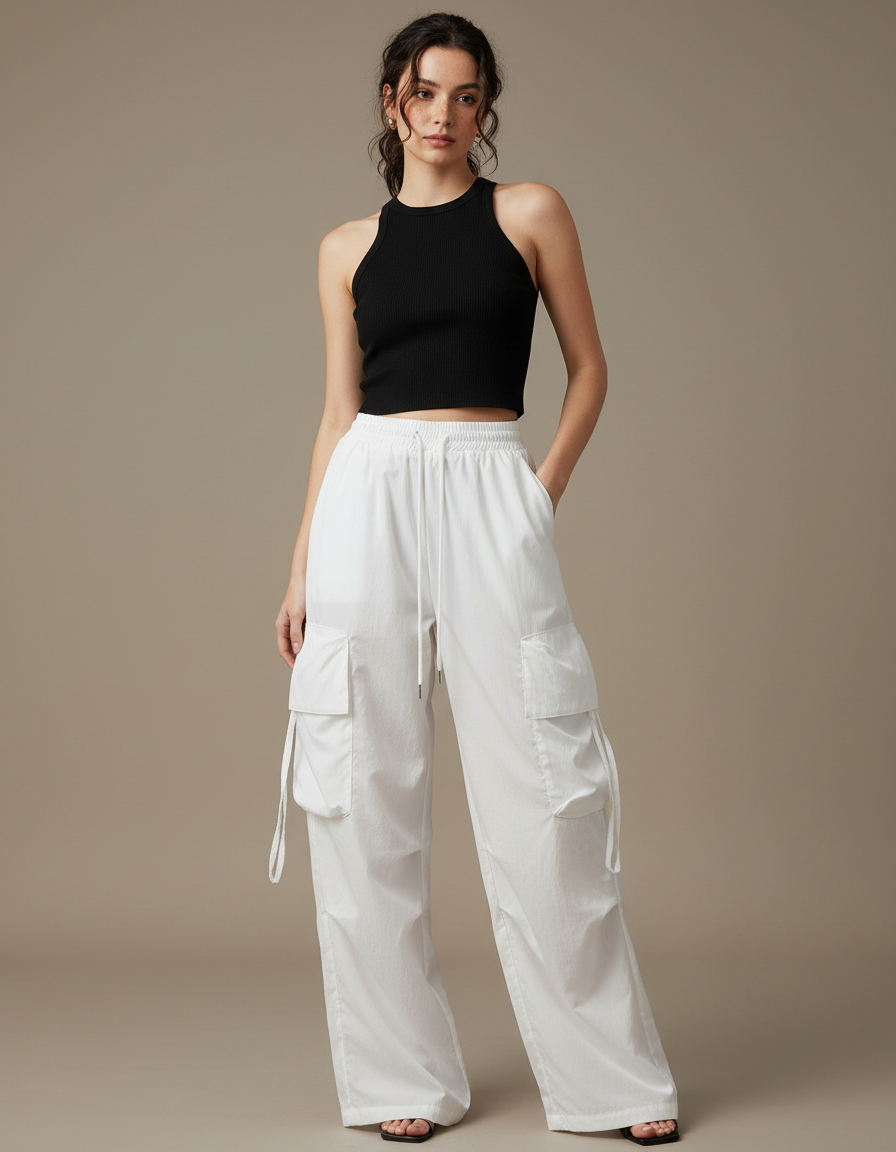 Pantalon Cargo Femme Blanc Parachute - Toile