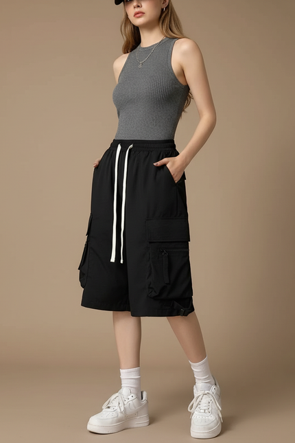 Pantalon Cargo Noir Décontracté Ample Multi-Poches - Polyester