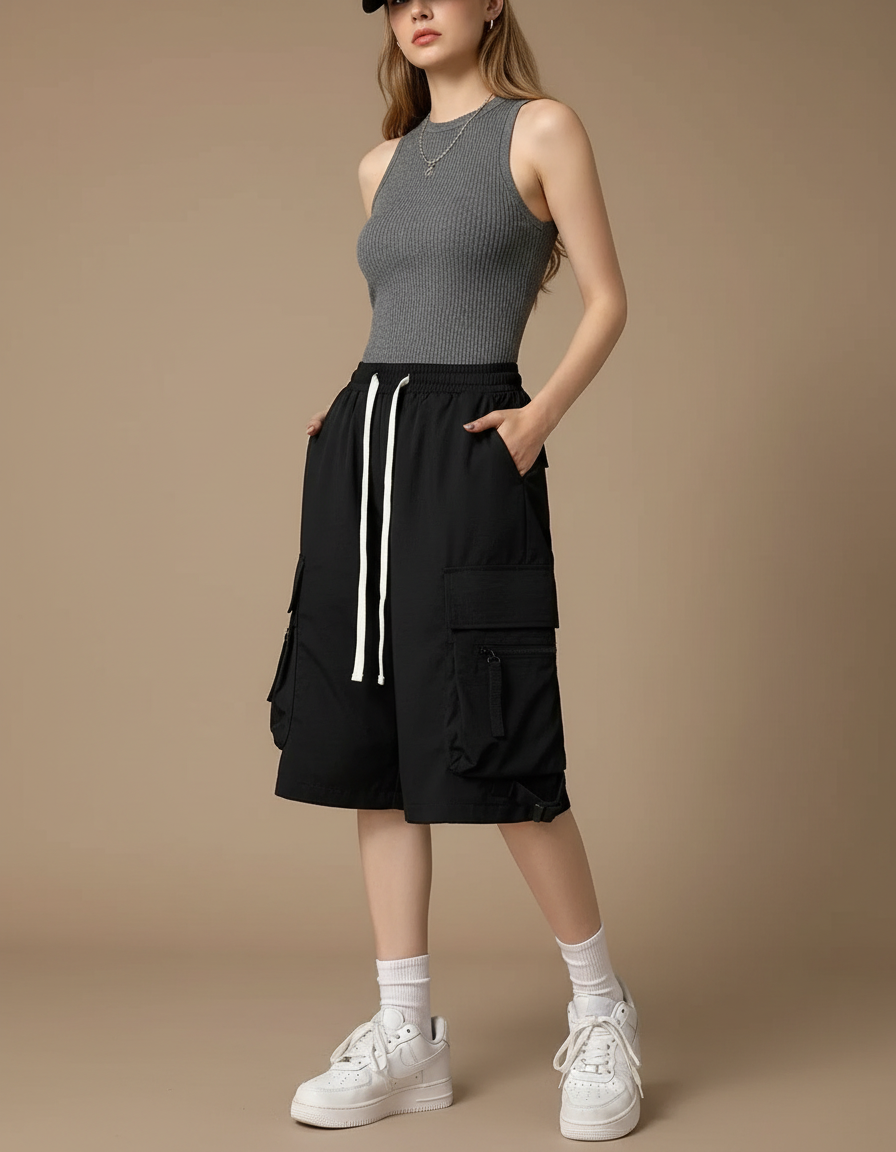 Pantalon Cargo Noir Décontracté Ample Multi-Poches - Polyester