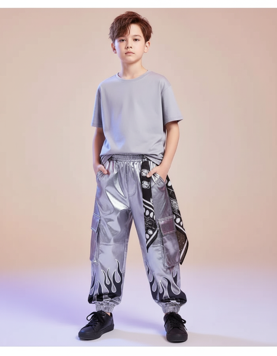 Pantalon Cargo Argenté Ample Flammé Brillant Enfant - Simili cuir