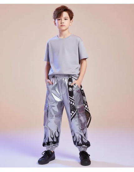 Pantalon Cargo Argenté Ample Flammé Brillant Enfant - Simili cuir
