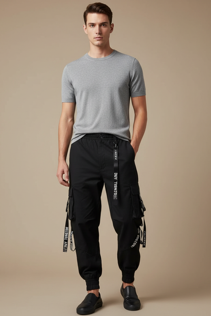 Pantalon Cargo Noir Jogger Techwear Rubans Ample - Polyester