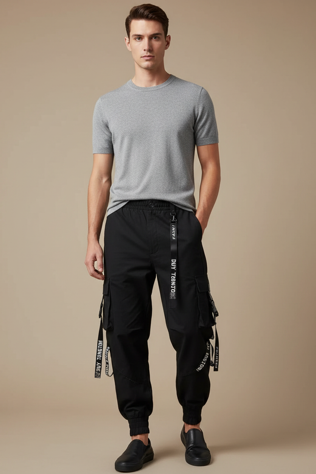 Pantalon Cargo Noir Jogger Techwear Rubans Ample - Polyester