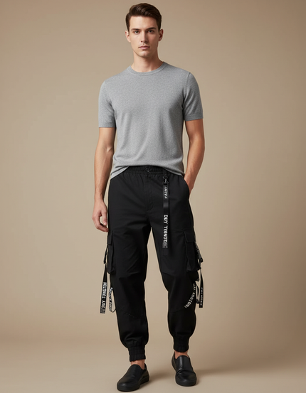 Pantalon Cargo Noir Jogger Techwear Rubans Ample - Polyester