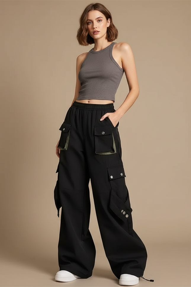 Pantalon Cargo Noir Ample Techwear Multipoches - Polyester