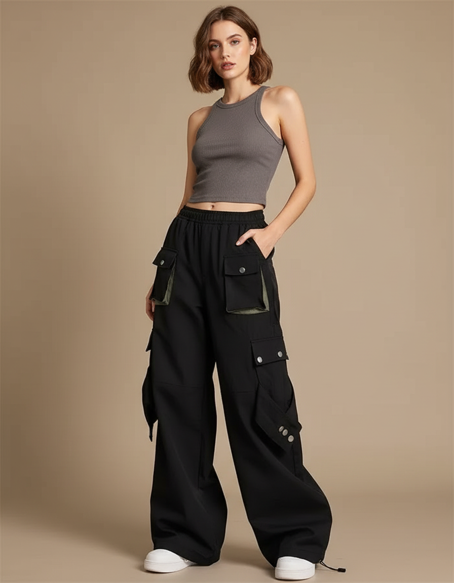 Pantalon Cargo Noir Ample Techwear Multipoches - Polyester