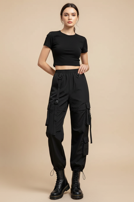 Pantalon Cargo Noir Taille Haute - Polyester
