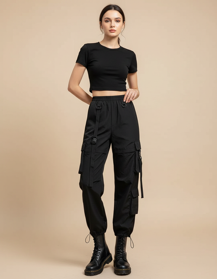 Pantalon Cargo Noir Taille Haute - Polyester