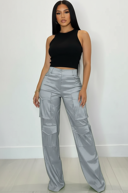 Pantalon Cargo Satiné Femme - Argenté