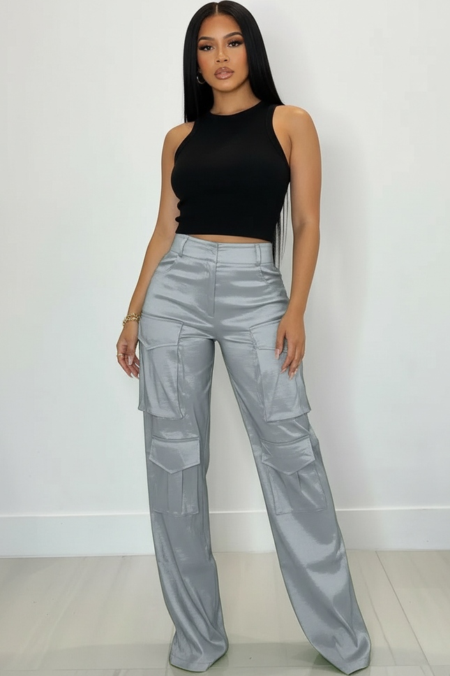 Pantalon Cargo Satiné Femme - Argenté