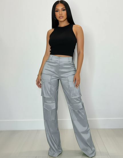 Pantalon Cargo Satiné Femme - Argenté