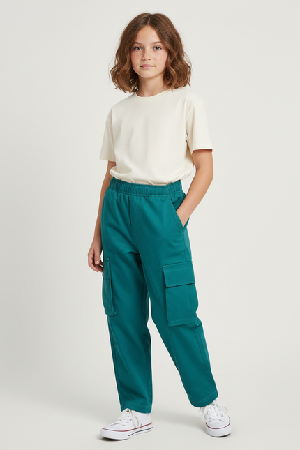 Pantalon Cargo Vert Émeraude Ample Multipoches Enfant - Toile