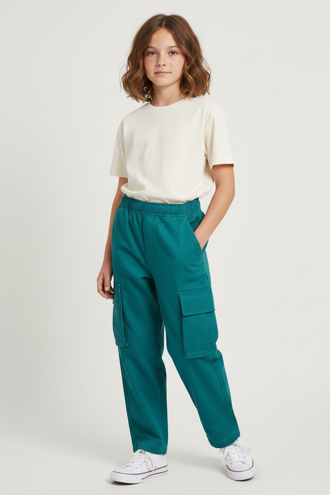 Pantalon Cargo Vert Émeraude Ample Multipoches Enfant - Toile