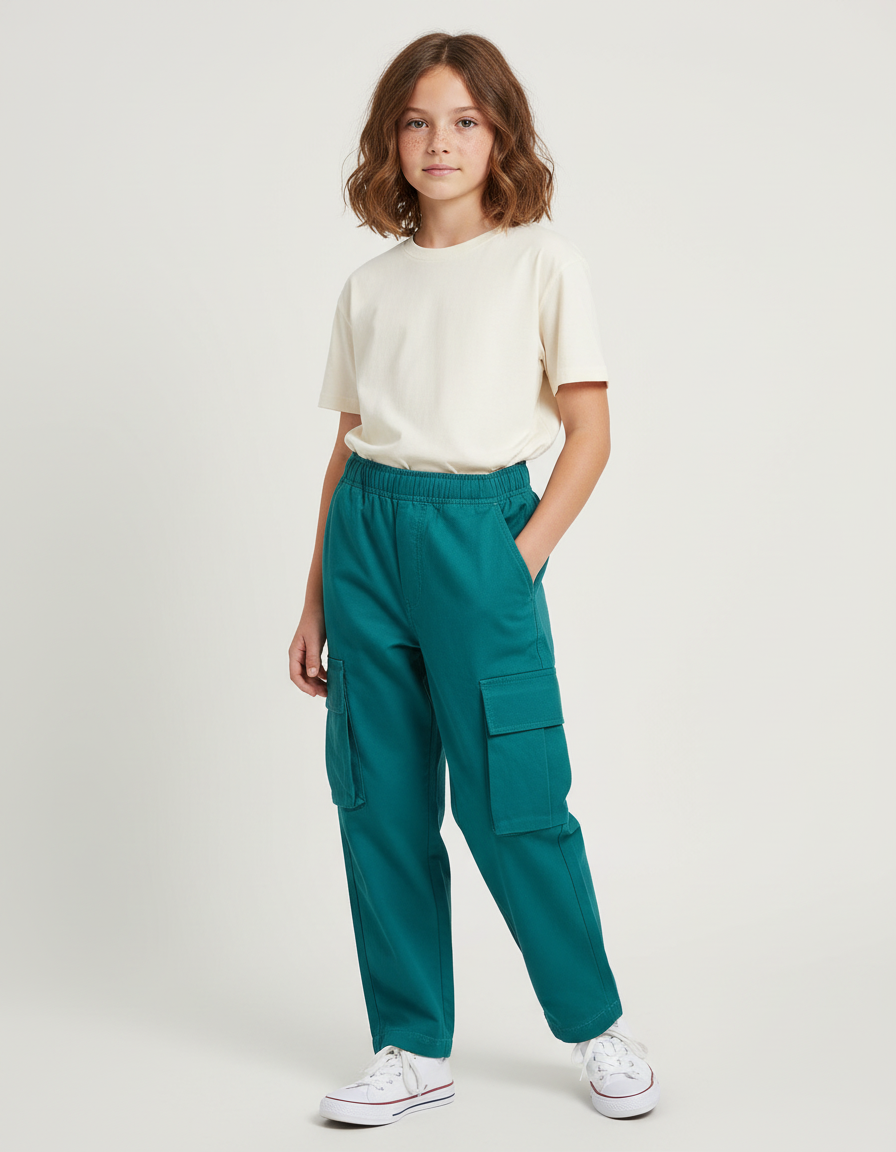 Pantalon Cargo Vert Émeraude Ample Multipoches Enfant - Toile