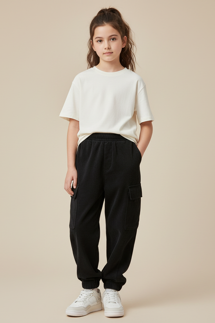 Pantalon Cargo Noir Ample Molletonné Enfant Décontracté