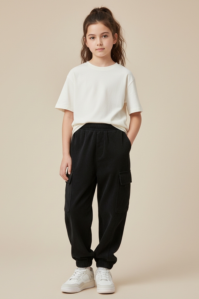 Pantalon Cargo Noir Ample Molletonné Enfant Décontracté
